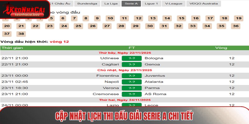 Cập nhật lịch thi đấu giải Serie A chi tiết